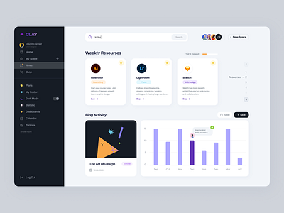 Design System Dashboard app branding cards chart clean dashboard design design system illustration logo logotype menu menu bar resources tools ui ux vector weekly workspace