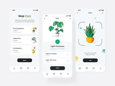 Plant care mobile interaction with illustrations animation 2d app design application application ui black chart flower graphic green illustration interaction ios mobile mobile app design motion plant plants user experience userinterface white