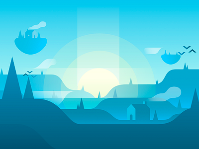 Charming Valley affinity art birds cloud clouds design illustration landscape minimal mountain sun sunrise tree valley
