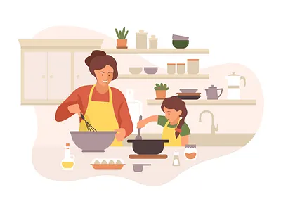 Happy mother and daughter cooking in the kitchen app application colorful creative daughter design flat happy house illustration interior kitchen love modern mother parent smiling teaching together