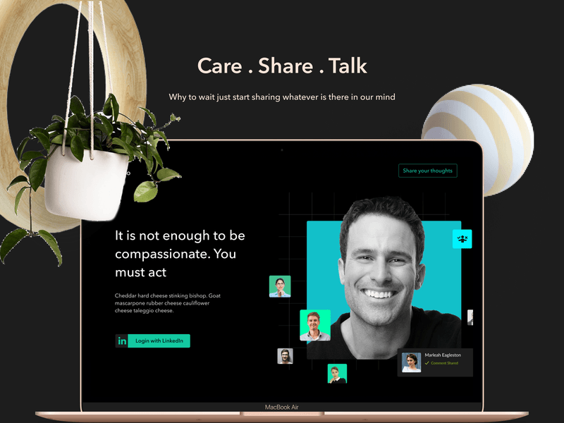 Care . Share . Talk care creative dark theme design hero banner hero image hero section illustration landing page light theme linkedin share social ui ui design ux web webdesign website website design