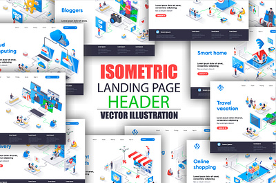 Bundle Isometric Landing Page Template 3d banner bundle collection commerce concept design flat header homepage illustration isometric isometry landing pack page set vector web website