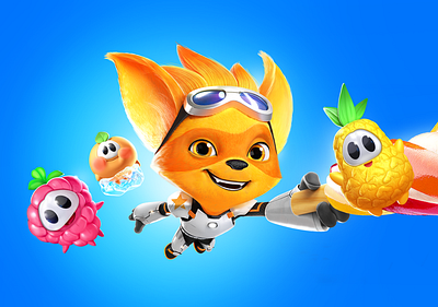 Foxi 3d character 3d 3d art alien bright cartoon character cute fox fruit game ice ice cream illustration kids orange space