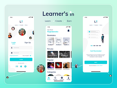 Learner's in-Online learning platform adobe xd adobexd coursera cyan education glassmorphism green mobile ui mobile uiux online course skillshare udemy ui uiux