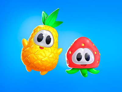 space pineapple and strawberry 3d 3d art character cute digital fruit funny game illustration kids pineapple space strawberry