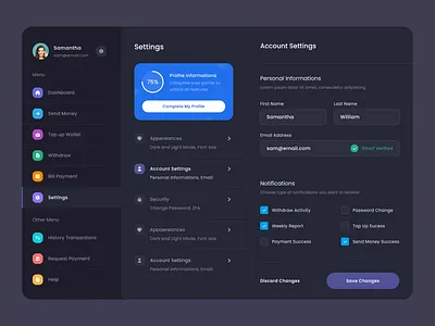 #Exploration - Digital Wallet App - Settings Page - Dark Mode account app card clean dashboard details digital finance fintech ipad money notifications page profile screen settings transactions user wallet