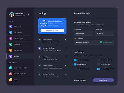#Exploration - Digital Wallet App - Settings Page - Dark Mode account app card clean dashboard details digital finance fintech ipad money notifications page profile screen settings transactions user wallet