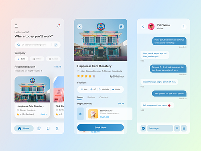Co-Working Space Design Concept booking app cafe chat coffee coworking space exploration glass effect glassmorphism mobile app mobile design uidesign