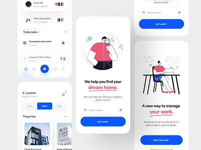 Team management and Real estate App | Light & Dark apartment app dark dark ui find home illustration illustrator light location manage map real estate search task team management to do vidily