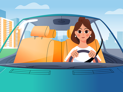 A Girl in a Car car city driving girl highway illustration lane riding road trip vector