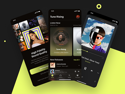 Music App Design Concept app app design dark theme dark ui discover explore mobile app mobile app design music music app music player app mvp playlist profile ronas it simple subscription trial ui ux