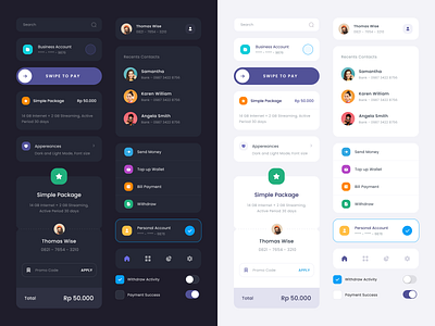 Digital Wallet App - Component - Light and Dark app bank card clean component dark design digital finance fintech kit light mode money styleguide system transactions ui ux wallet