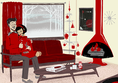 Happy at Home christmas couple illustration cozy digital illustration holiday home illustration living room love midcentury midcentury modern procreate red retro vintage vintage christmas winter