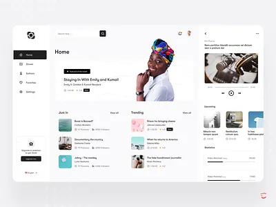 Podcast web app design authors color concept featured minimal mobile app playing podcast premium search settings shows statistics trending ui upcoming video watching vintage web app web design
