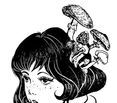 Oddity 1960s black and white digital illustration dry brush hair illustration mod mushroom mushroom girl procreate psychedelic vintage
