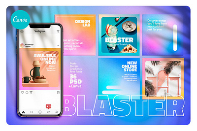 BLASTER - Instagram Posts & Stories blue branding color colorful design instagram instagram banner instagram post instagram posts instagram stories instagram template modern neon posts social media social media pack social media template stories story template