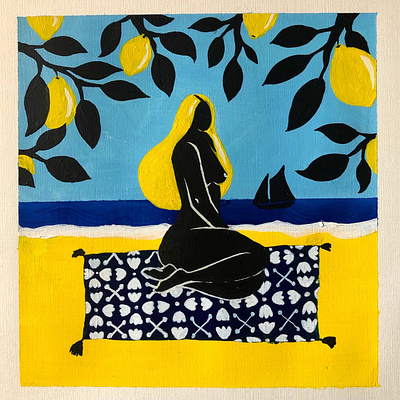Sur la plage abandonnée acrylic paint beauty design feminine illustration lemon matisse poetry sea woman