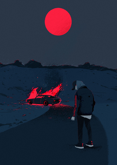 Pink Fire blue car character flat illustration illustrator killer mysterious night nightcrawler people pink fire procreate story storytelling
