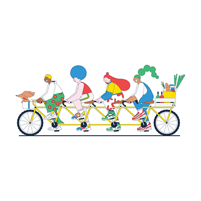 The Commuters bicycle character characterdesign colorful commute cycle digital illustration dog groceries illustration pop positive vibes recycle sneakers sustainability tandem bike