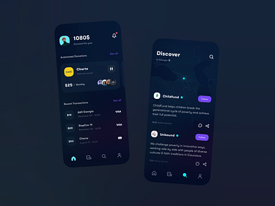 Charity social network app app application clean concept dark ui design exploration illustration illustrator inspiration interface ios minimal mobile motivation sketch social network ui ux vector