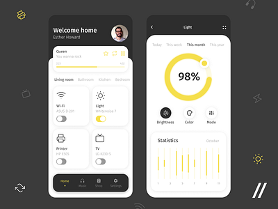 Smart Home App app design internetofthings iot mobile mvp online purrweb react native smart home smart home app smarthome startup ui ux yellow