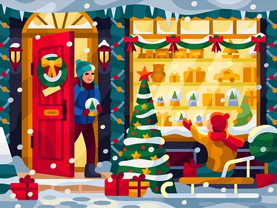 Christmas gift shop brothers children christmas coloring book flatdesign gallery game illustration gifts giftshop graphic design holidays illustration magic moment snowglobe toys vector vector illustration windows xmas