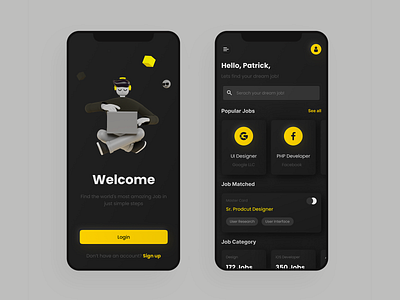 Dark Mode UI Screen 3d dailyui home job job finder mobile app onboarding ui