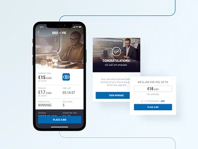 First class seats upgrade app bids booking buttons clean interface mobile mobile app mobile ui modal modal window muzli ticket ticket booking train travel ux