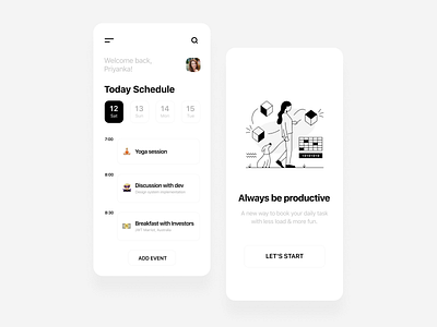 Schedule app black black and white grey minimal minimalism minimalist relax schedule timing ui uiux ux uxui