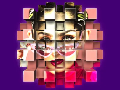 Cube Explode Portrait box cube cubes explode extrusion eyes face geometry girl graphic art illustration model mural perspective photoshop portrait purple smart object vanishing point wallpaper