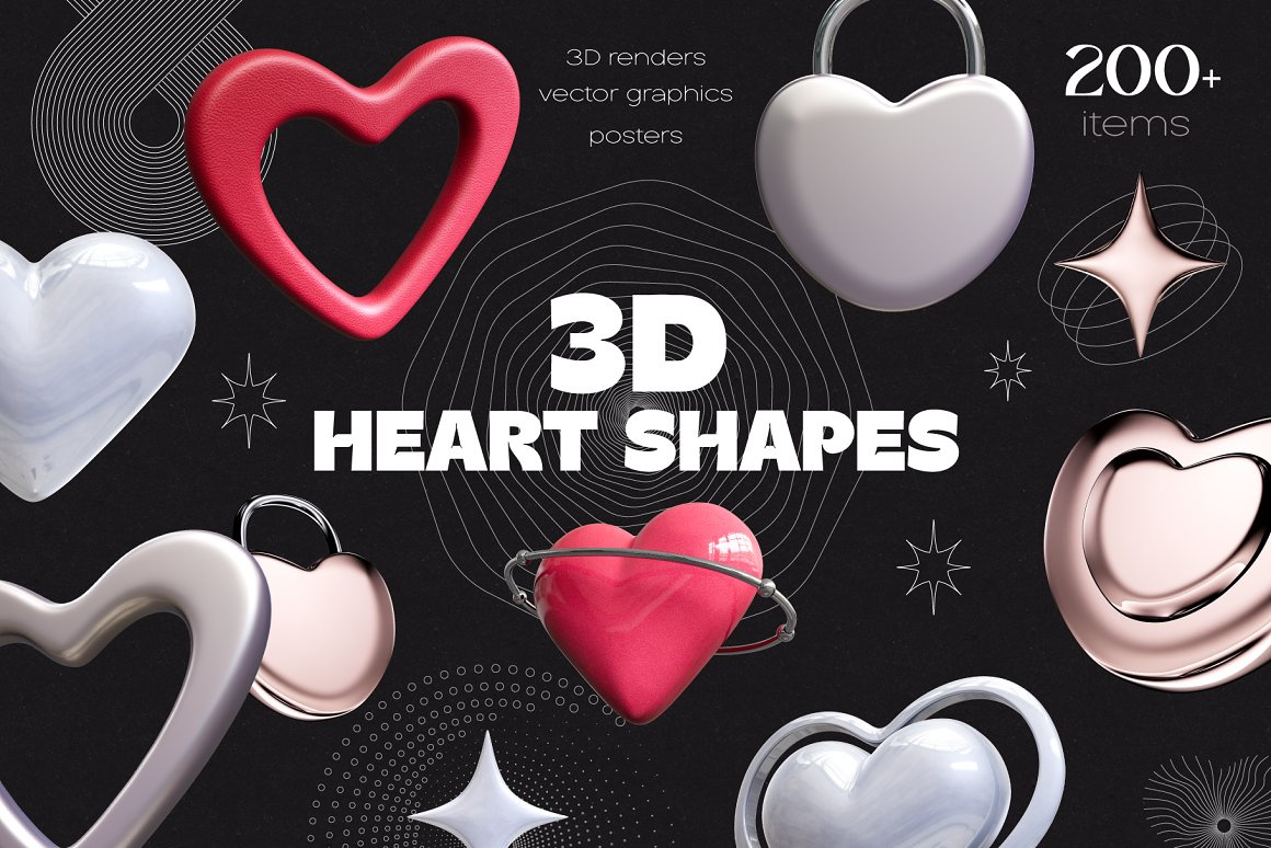 3D Heart Shapes. Graphics & Posters 3d heart shapes 3d hearts 3d hearts objects 3d objects 3d posters 3d stars shapes chrome shapes geometric shapes love shapes love symbol modern posters textured 3d shapes valentines valentines day vector linear graphics