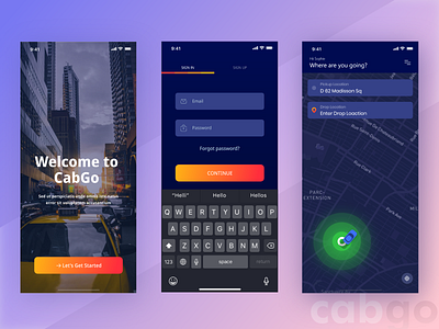 Cab Booking App blue cab cab booking car colors design graphic design hellodribbble homescreen interface location ride signin signup splash taxi app ui uidesign uiux vector