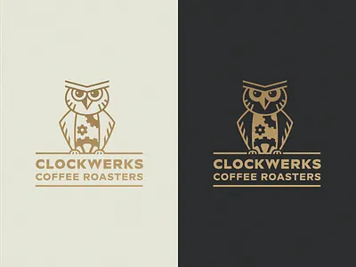 Clockwerks banding bird coffee cog gear logo orange owl