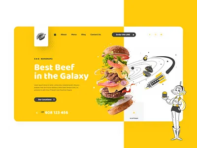 Burgerama Hero 🍔 burgers cartoon illustration fast food flat hamburger minimal ui user interface web webdesign website