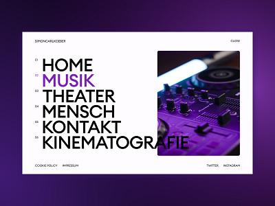 Simon Koeber - Personal portfolio artist concept design grotesk kinematograph landing menu minimalism music portfolio purple typography ui ux web