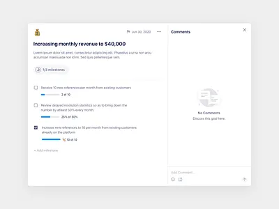 Goal Detail goals kpi metrics modal okr pop up product design progress tracker ui web app