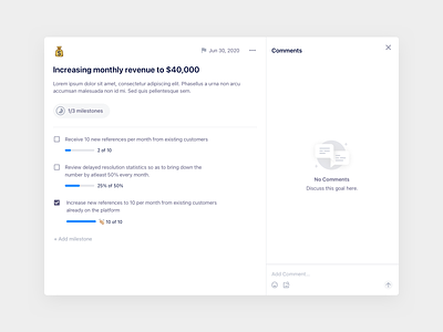 Goal Detail goals kpi metrics modal okr pop up product design progress tracker ui web app