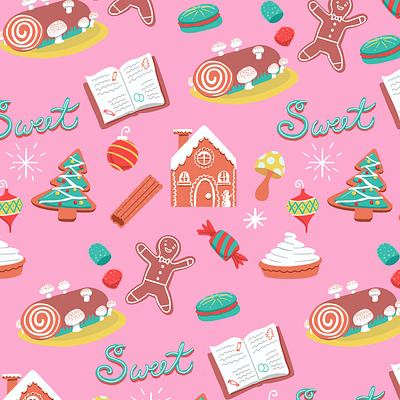 Christmas Sweets Pattern candy cartoon christmas cookies design desserts food gingerbread holiday illustration illustrator macrons mushroom pattern pie procreate sweets vector winter yule