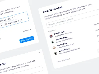Invite Modal agenda chips invite meeting modal permissions product design sharing ui user management user search web app workspace