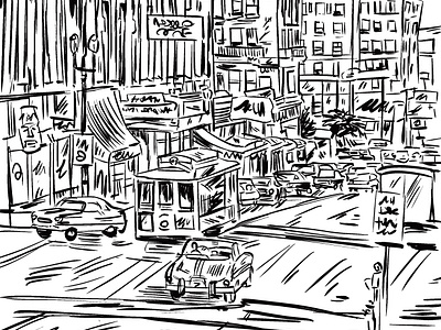 San Francisco Sketch city cityscape concept sketch digital ink drawing san francisco sketch trolley car