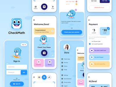 CheckMath App app branding camera dark mode dolphin educate expression graphic design icon illustration log in logo mascot math mobile app payment register ui ux web