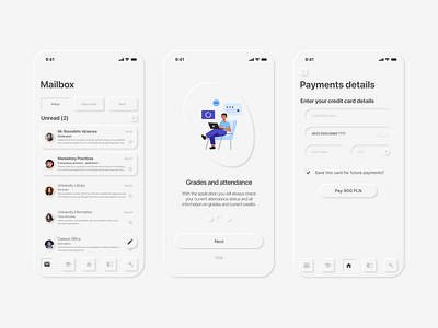 NEUMORPHISM VIRTUAL UNIVERSITY APPLICATION UI DESIGN app application application ui buttons cards design ios mail mailbox navigation neumorphic neumorphic design neumorphism neumorphism ui onboarding schedule ui university ux virtual university