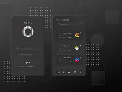 MOGOL - Music Crowdfunding App dark app ui dark ui mobile ui mobile uiux music app neumorphism ui ux