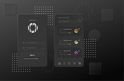 MOGOL - Music Crowdfunding App dark app ui dark ui mobile ui mobile uiux music app neumorphism ui ux