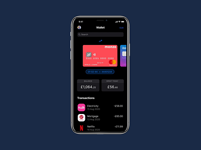 Wallet - A Banking App for all things Money. app animation app design app prototyping bank banking app banking ui kit clean design dark mode finance app fintech fintech app interaction interaction design interaction designer ios app design mobile ui design monzo product designer revolut wallet app