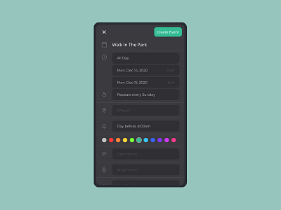 Create Event app black calendar clean dark dark mode dark theme flat green material mobile product design productdesign responsive simple ui ux