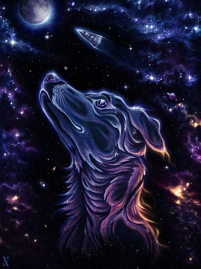 Laika cosmic illustration laika space space art space dog space exploration space race space shuttle sputnik stars surrealism universe