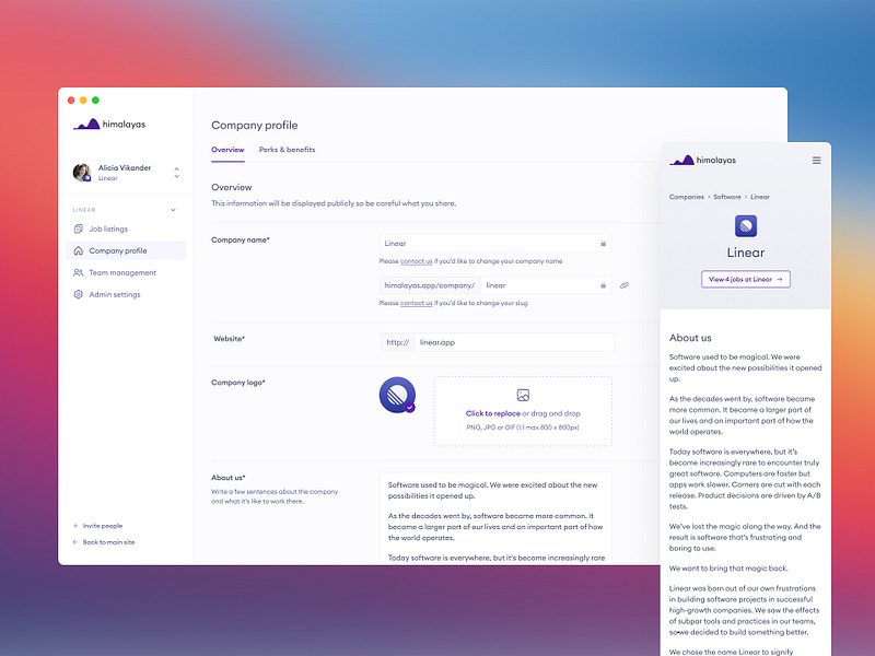 himalayas.app — company profile settings 🏔 account settings admin admin dashboard clean clean ui components job board jobs linear minimal minimalism minimalist profile settings settings page sidenav simple tailwind web design webflow