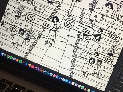 Hub Sketching characters desks hub messages peoples vector workspace