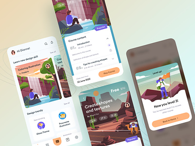 Learning Mobile App 🔖 app clean course customillustration desert design illustration leaderbord learning level mobileapp mobiledesign modern people scenery skill uiux unspace watching waterfall
